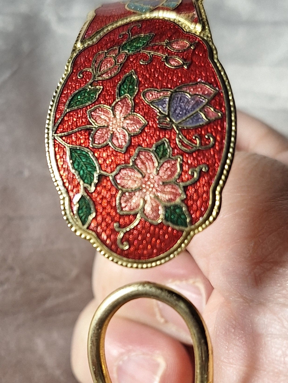 Stunning Cloisonné Hinge Bracelet in Vibrant Red with Butterfly - Picture 2 of 7
